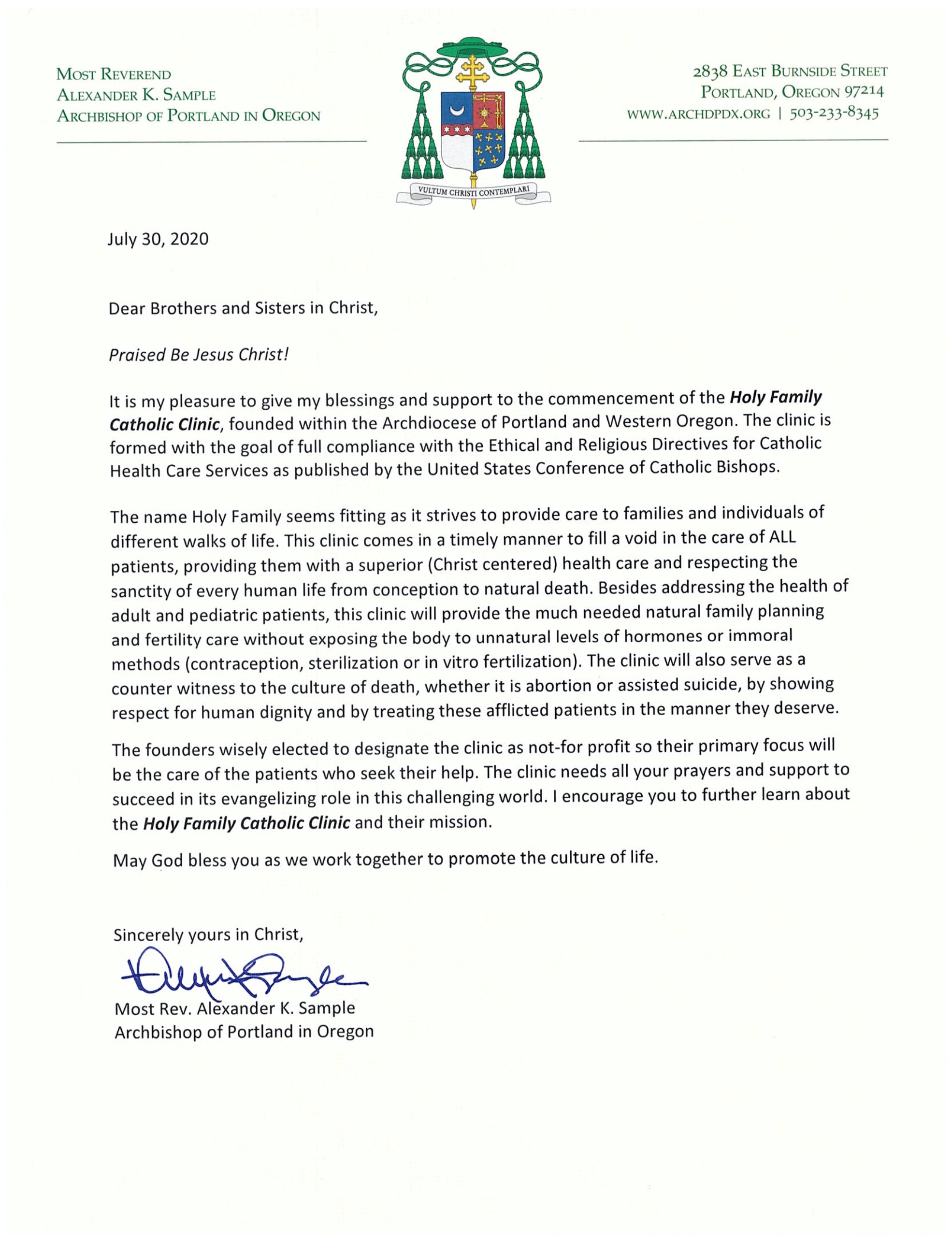 Archbishop Alexander Sample's letter of endorsement